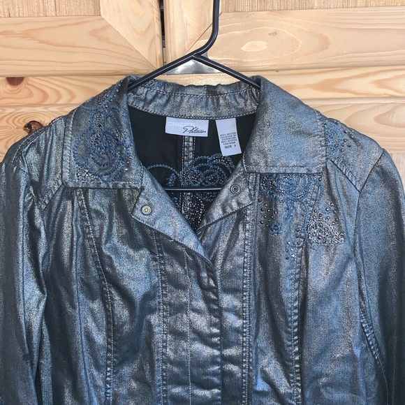 Chico’s Platinum metallic shimmery gray embroidered jacket size 1 (M/8) - Picture 2 of 5